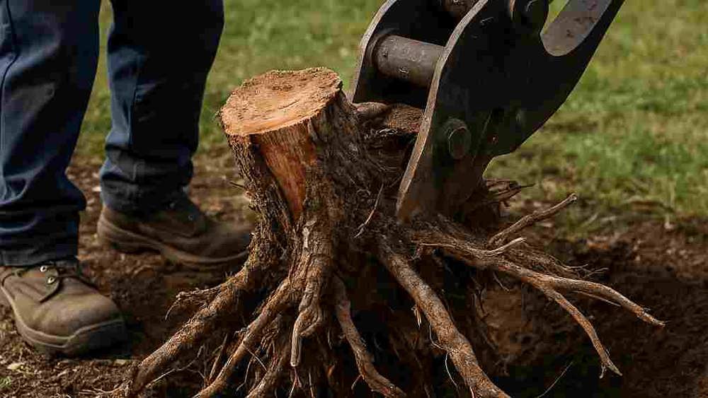 مردی در حال دراوردن ریشه درخت با دستگاه